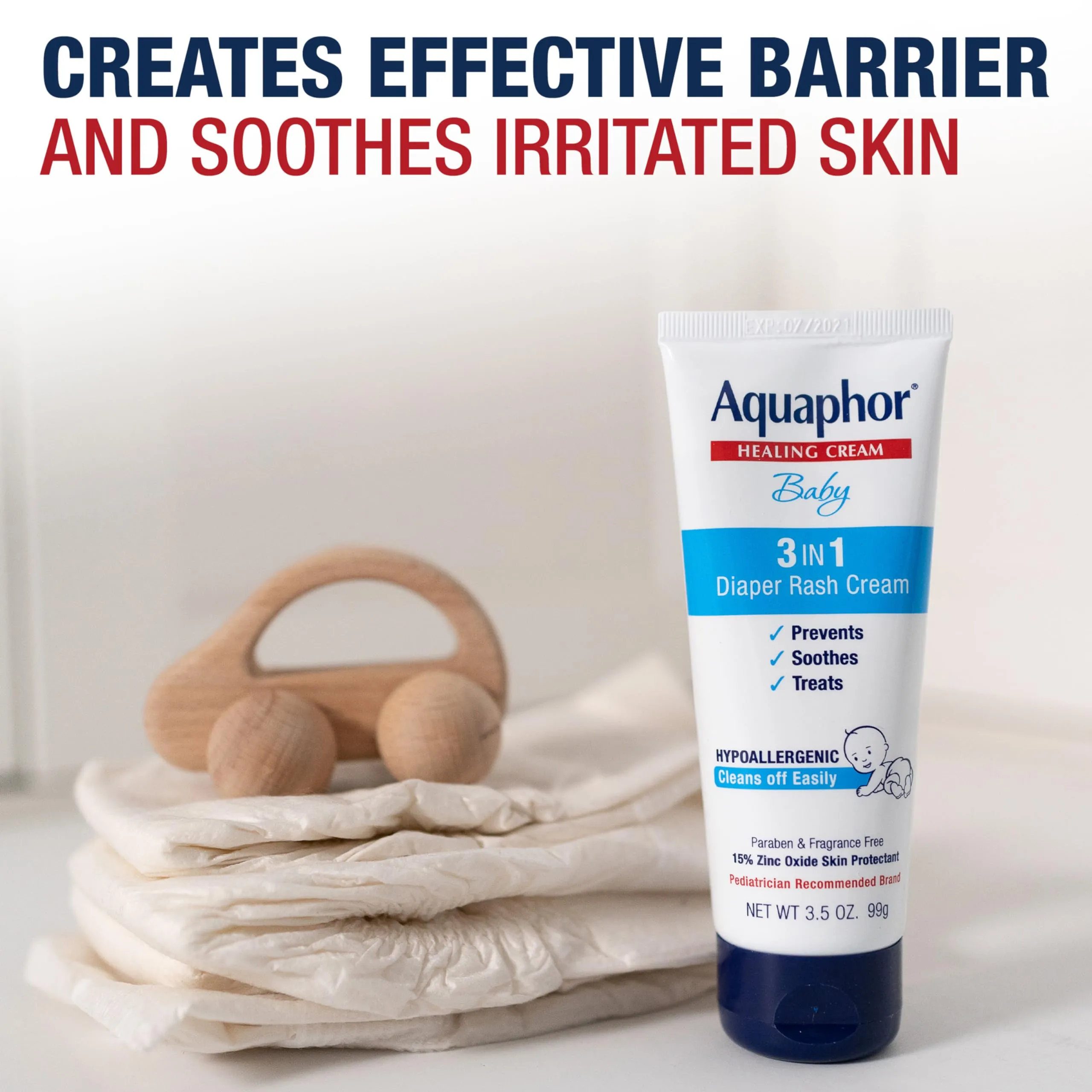 Aquaphor Baby 3 in 1 Diaper Rash Cream - Prevents, Soothes and Treats Diaper Rash - 3.5 oz. Tube (Pack of 3)