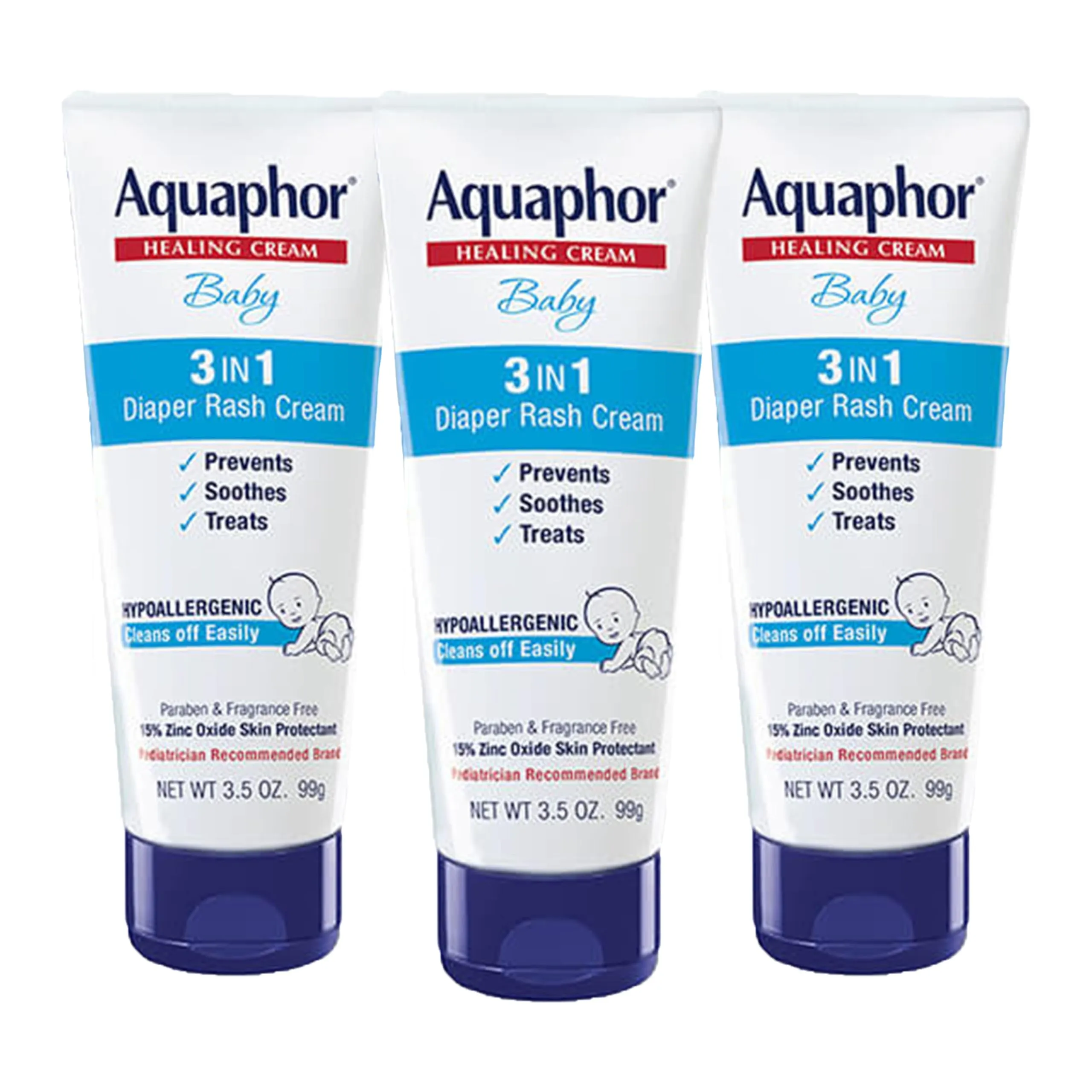 Aquaphor Baby 3 in 1 Diaper Rash Cream - Prevents, Soothes and Treats Diaper Rash - 3.5 oz. Tube (Pack of 3)